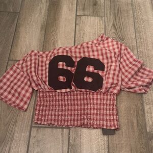 Red Checkered Shirt with Number Design